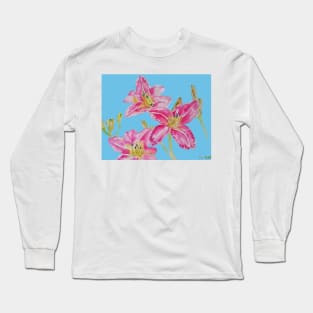 Pink Lily Flower Watercolor Painting Pattern - on Pastel Blue Long Sleeve T-Shirt